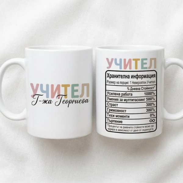 Персонализирана чаша "Учител" — подарък с хумористична хранителна информация