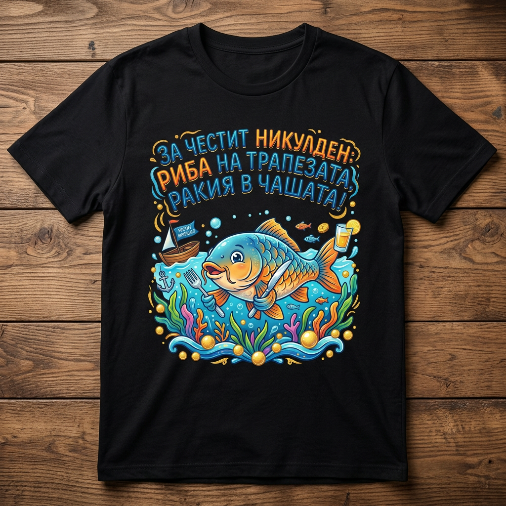 Тениска „За честит Никулден – Риба на трапезата, ракия в чашата“ – Забавен подарък за Никулден