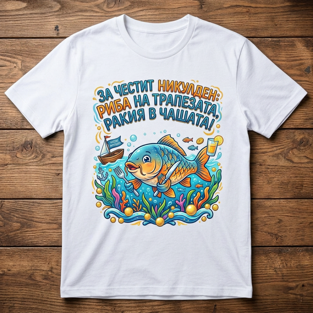 Тениска „За честит Никулден – Риба на трапезата, ракия в чашата“ – Забавен подарък за Никулден
