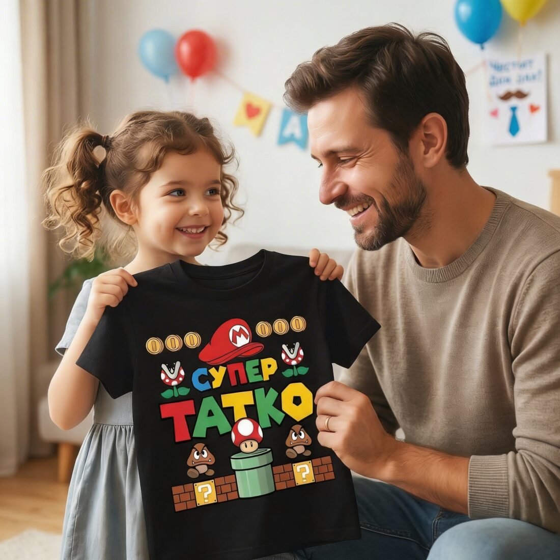Тениска „Супер Татко“ – Забавен геймър дизайн, подарък за баща, Mario стил тениска