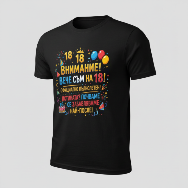 Тениска за 18-ти рожден ден – „Внимание! Вече съм на 18!“ 🎉