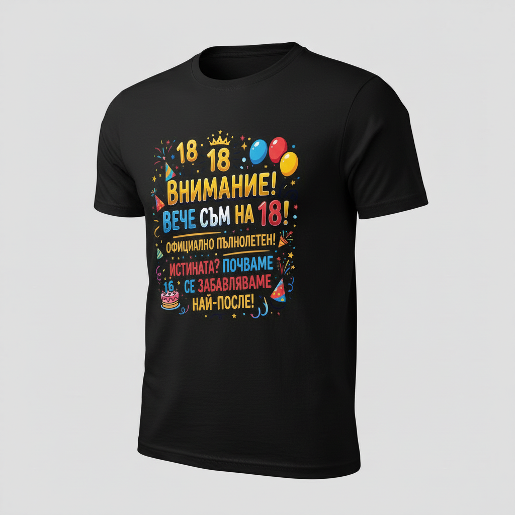 Тениска за 18-ти рожден ден – „Внимание! Вече съм на 18!“ 🎉