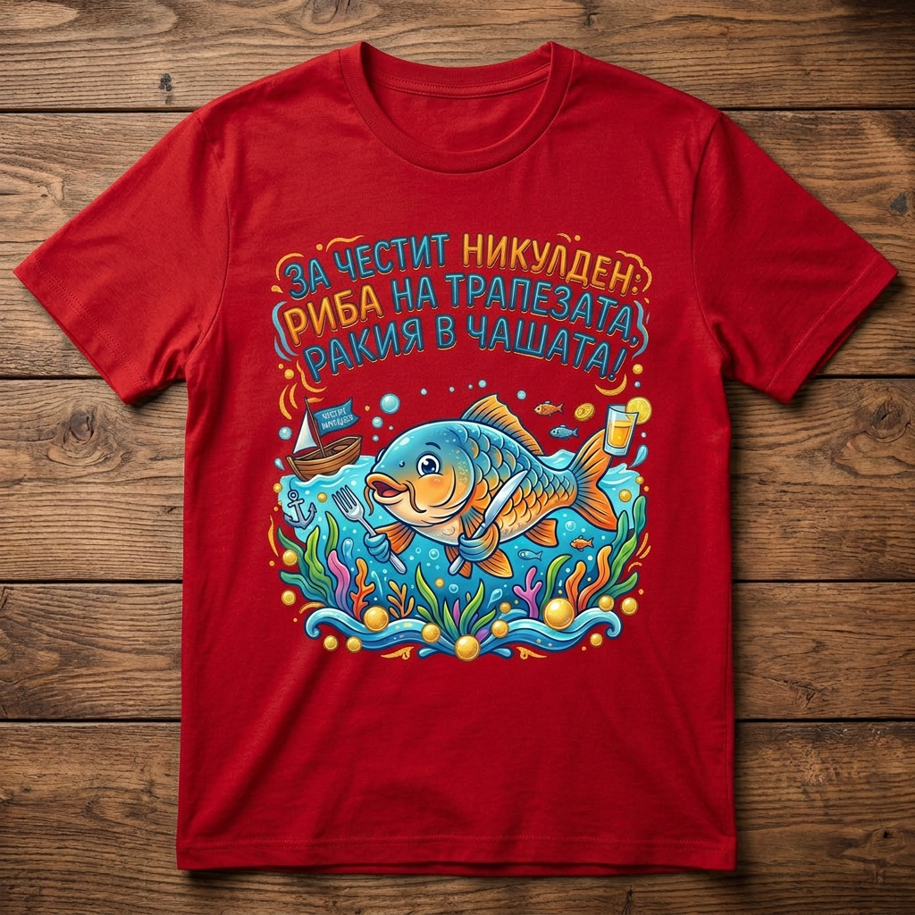Тениска „За честит Никулден – Риба на трапезата, ракия в чашата“ – Забавен подарък за Никулден