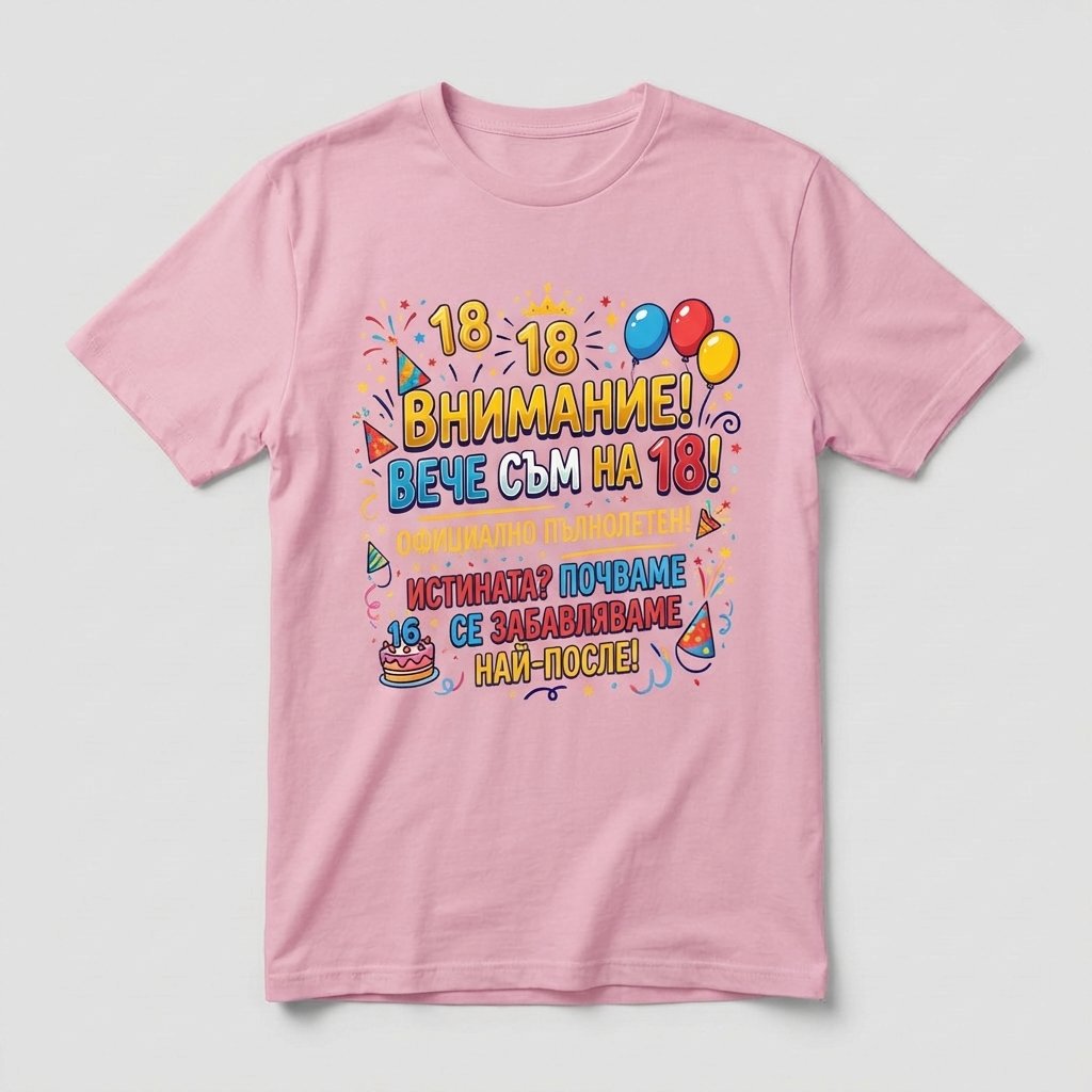 Тениска за 18-ти рожден ден – „Внимание! Вече съм на 18!“ 🎉