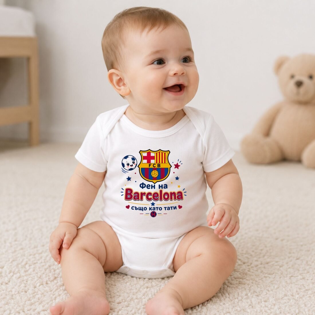 Персонализирано бебешко боди за фен на Barcelona – с име и номер